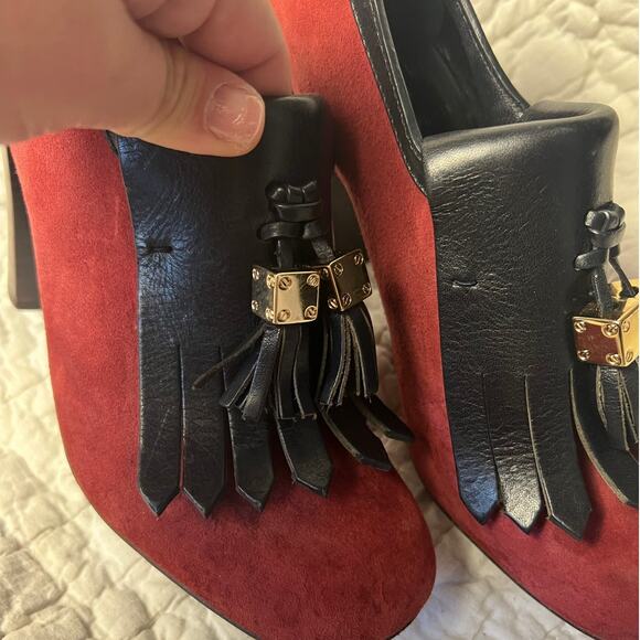 Tory Burch Red Black Suede Leather Tassel Chunky Square Toe Heels Size 7 - Picture 6 of 10